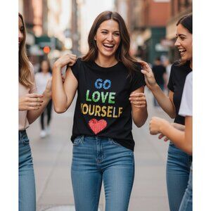 Alice + Olivia Rylyn Go Love Yourself Sparkle Sequin Black Cropped Tee M/L